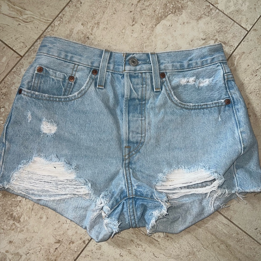 Distressed Light Blue Denim Shorts